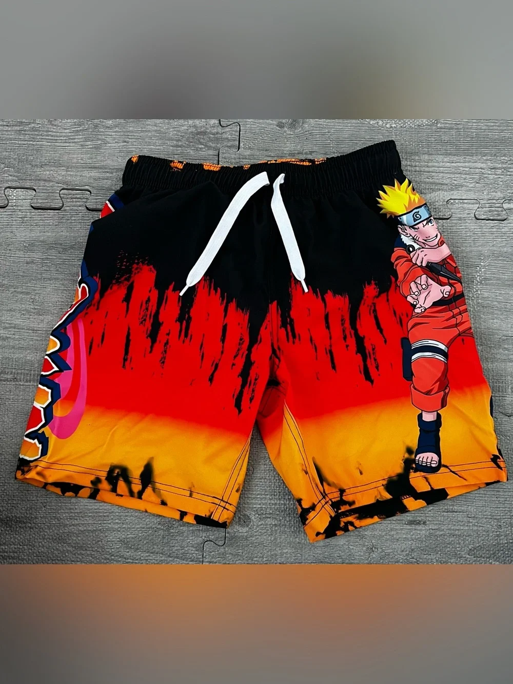 Naruto Uzumaki Anime Graphic Swim Trunks Size 8 Black Red Orange Lined